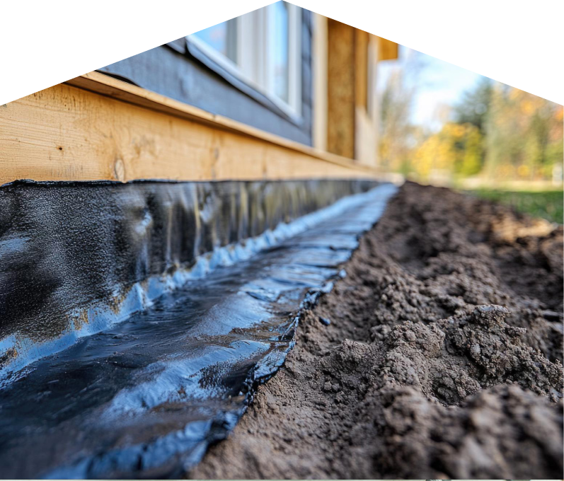 Exterior waterproofing completed by Mersey, with a membrane sealing the lower foundation wall and a trench prepared for drainage installation. Exterior waterproofing completed by Mersey, with a membrane sealing the lower foundation wall and a trench prepared for drainage installation.