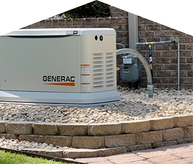 Generac standby generator installed by Mersey on a raised stone platform beside a brick wall, connected to a natural gas meter for backup power supply. Generac standby generator installed by Mersey on a raised stone platform beside a brick wall, connected to a natural gas meter for backup power supply.