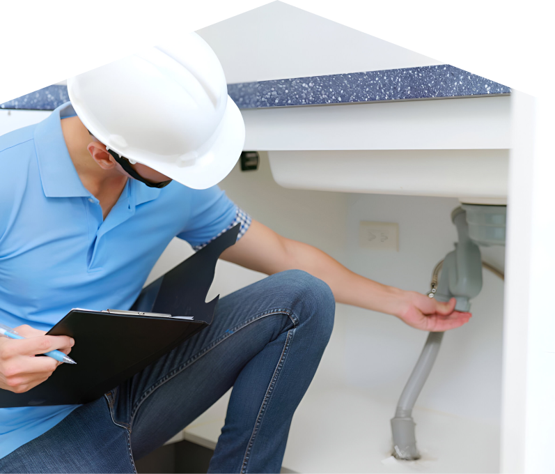 Mersey plumbing specialist wearing a white hard hat, blue polo, and jeans, holding a clipboard while inspecting pipes under a sink for a water leak detection check. Mersey plumbing specialist wearing a white hard hat, blue polo, and jeans, holding a clipboard while inspecting pipes under a sink for a water leak detection check.